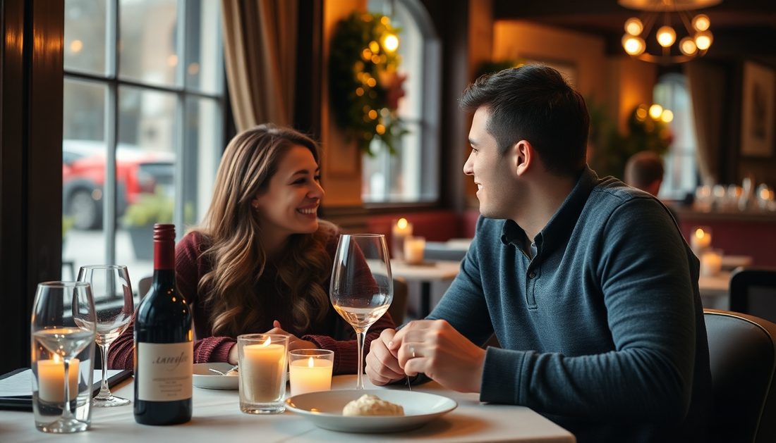 A couple enjoying a romantic dinner at a cozy restaurant