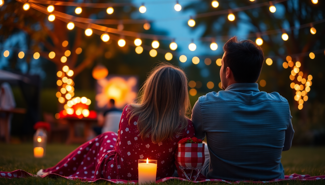 Couple watching romantic movies outdoors under string lights