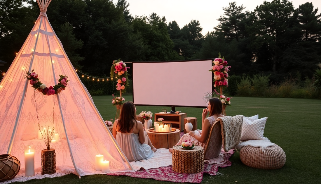 a romantic boho setup outdoor movie theater for 2, lots og boho decor, lace teepee, flowers
