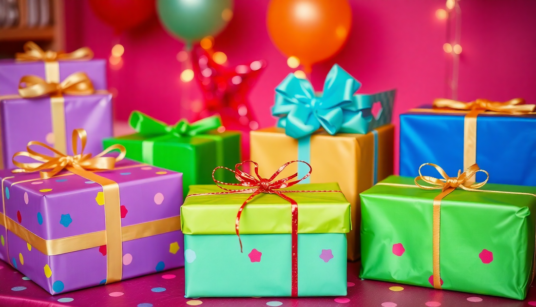 Colorful wrapped birthday presents on a party table