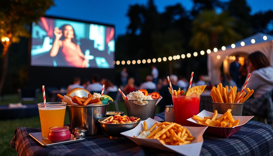 A variety of trendy movie snacks at an outdoor cinema
